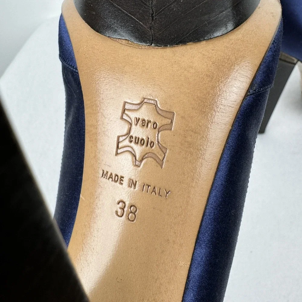 Nicholas Kirkwood High Heels EU 38 US 7.5 Navy Satin‎ Round Toe Italy Maryjane